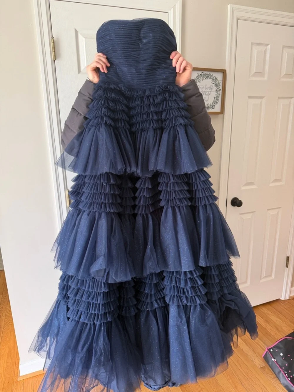 Sherri Hill Navy Layered Ruffle Tulle Prom Gown - Size 0 - Picture 9 of 13
